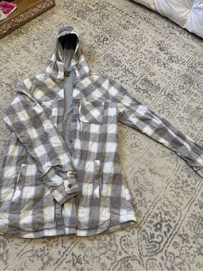 Eddie Bauer Plaid Hooded Shirt Jacket in Gray and White